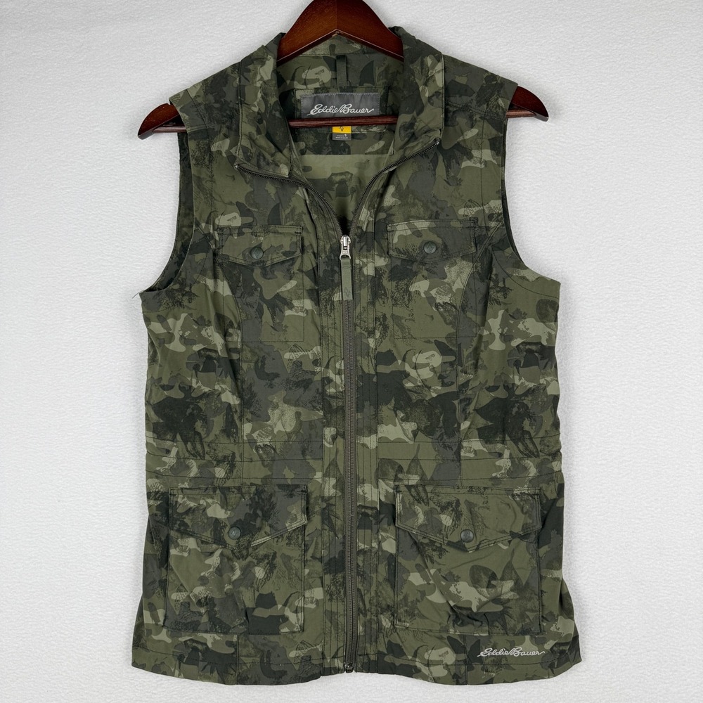 Eddie Bauer Travex Utility Vest Womens Small Green Camo Full Zip Cargo Pockets